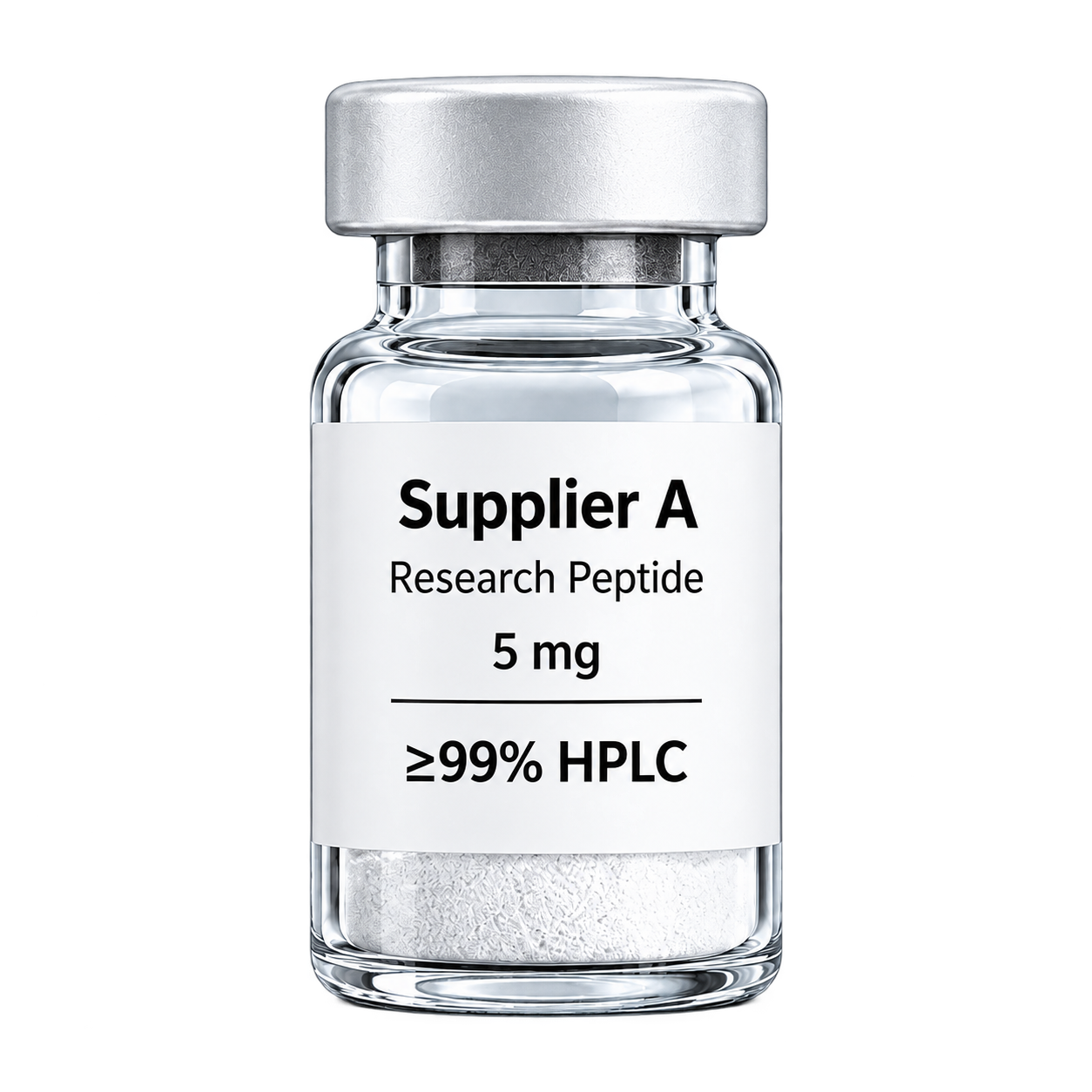 Supplier A research peptide vial labelled 5 mg and ≥99% HPLC